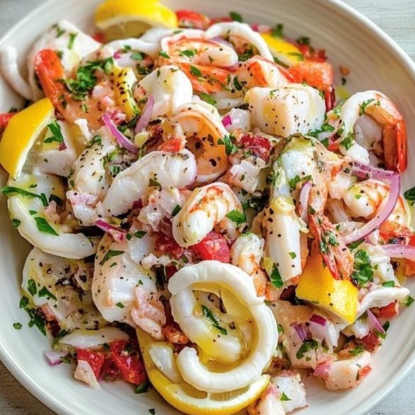 Seafood salad with fresh vegetables